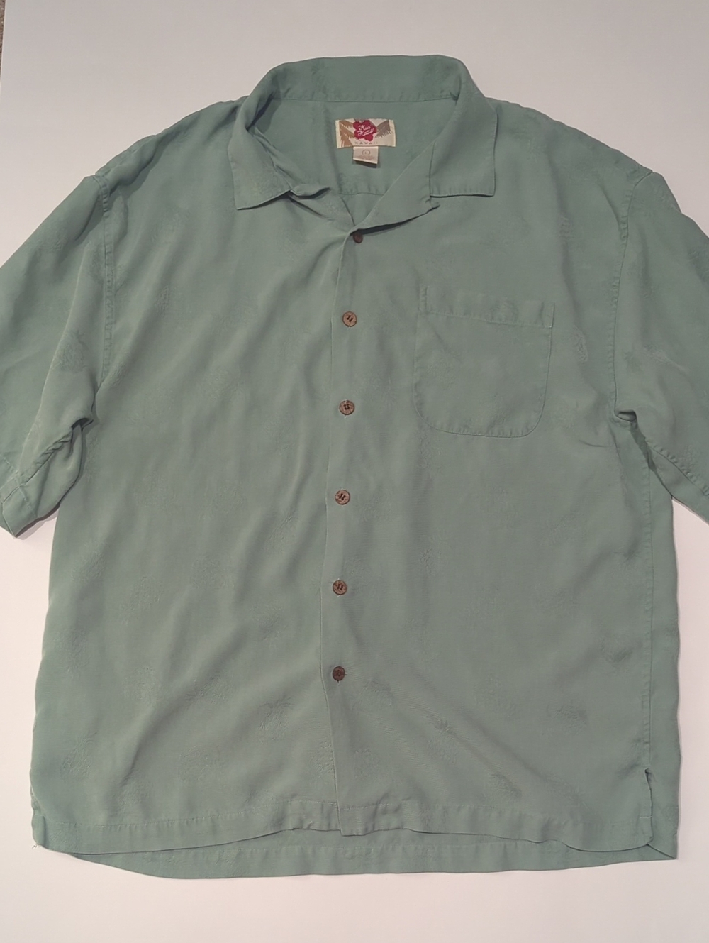 Hilo Hattie 100% Silk Sage Green Hawaiian Camp Shirt L